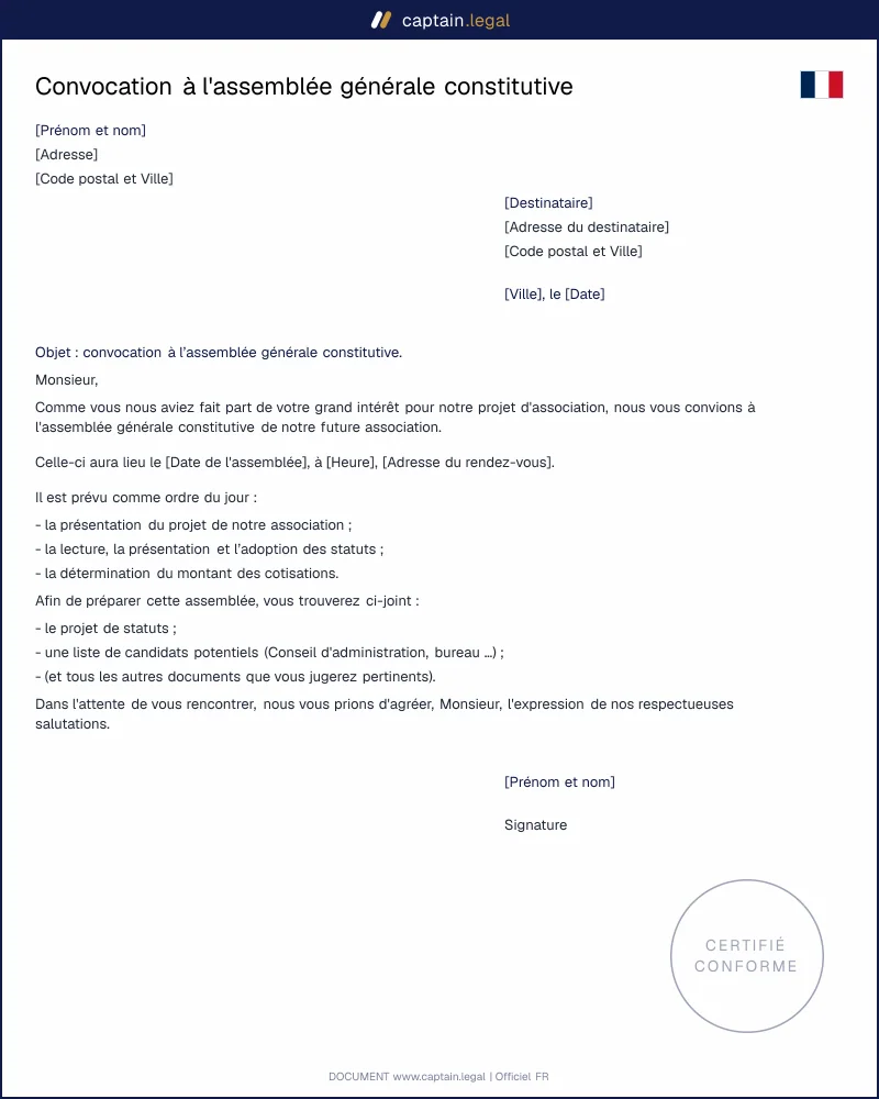 Convocation à l'assemblée générale constitutive d'une association