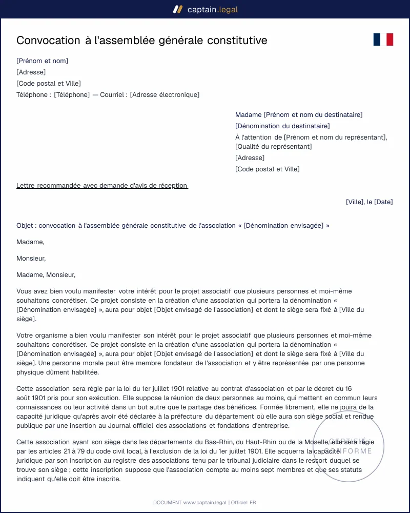 Convocation à l'assemblée générale constitutive d'une association