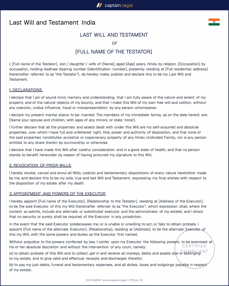 Last Will and Testament Format: Section 63, India