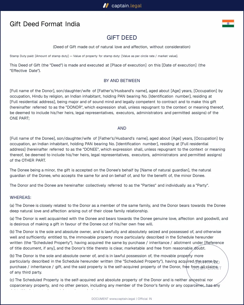 Gift Deed India | TPA 1882, Sections 122-126