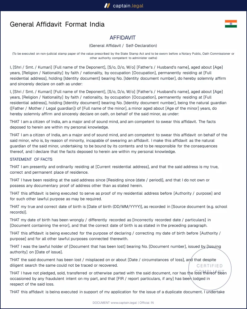 General Affidavit India: Oaths Act 1969 Compliant