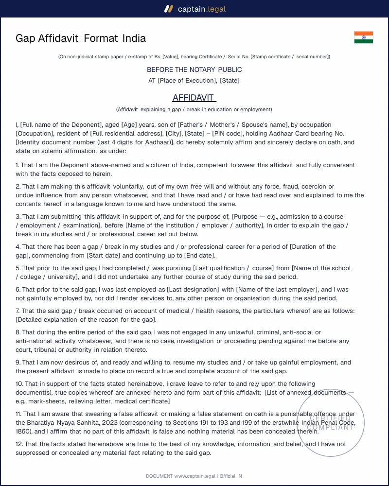 Gap Affidavit India: Oaths Act 1969 Compliant