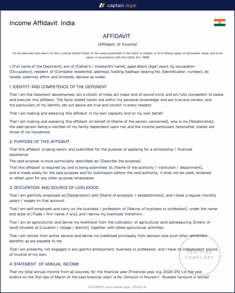 Income Affidavit India | Oaths Act 1969 Compliant