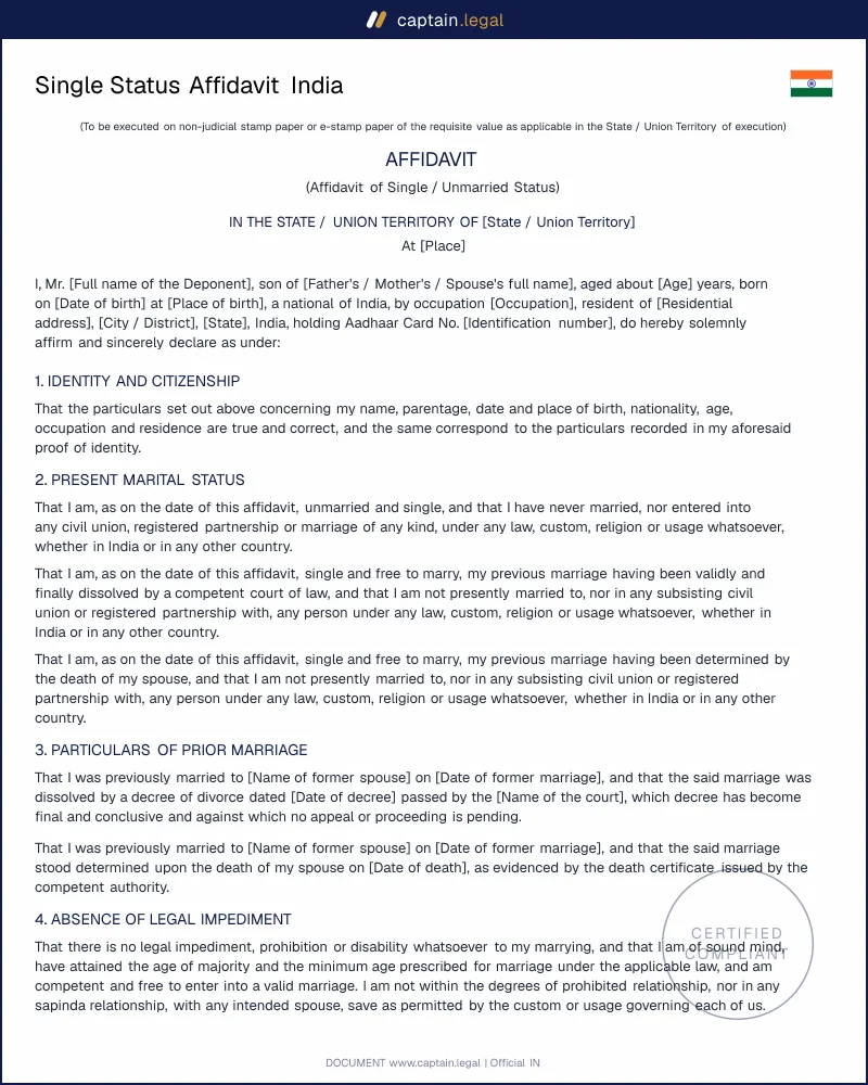 Single Status Affidavit: Oaths Act 1969 Format