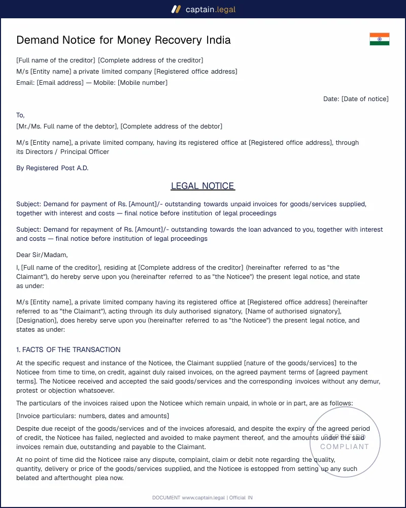 Money Recovery Demand Notice | Order 37 CPC Ready
