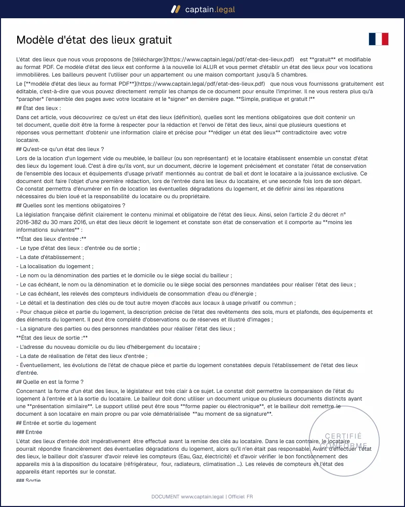Modèle état des lieux gratuit à télécharger