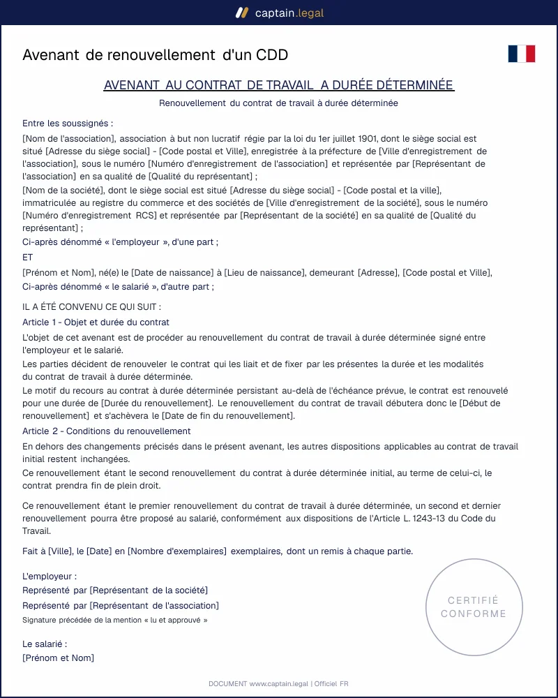 Modèle d'avenant de renouvellement d'un CDD