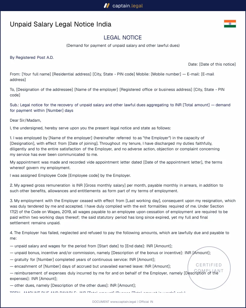 Unpaid Salary Recovery Notice | Section 45 Code on Wages