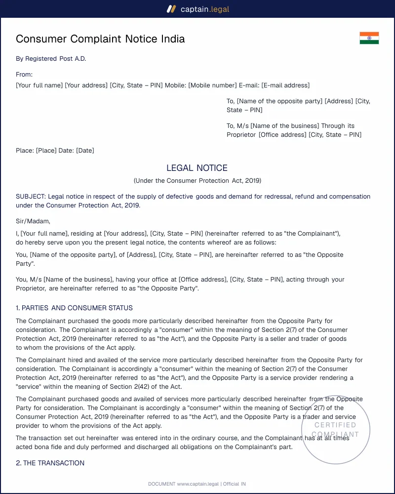 Consumer Complaint Notice | Section 35 CPA 2019 India