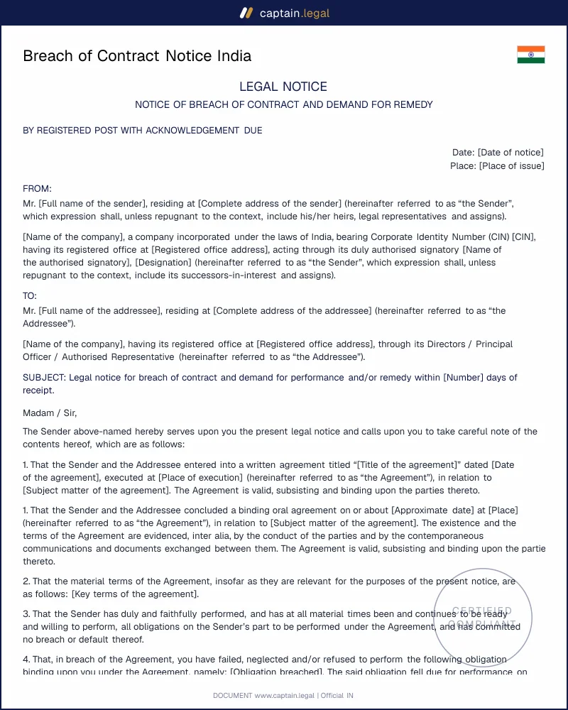 Legal Notice for Breach of Contract: Sections 73-74 ICA