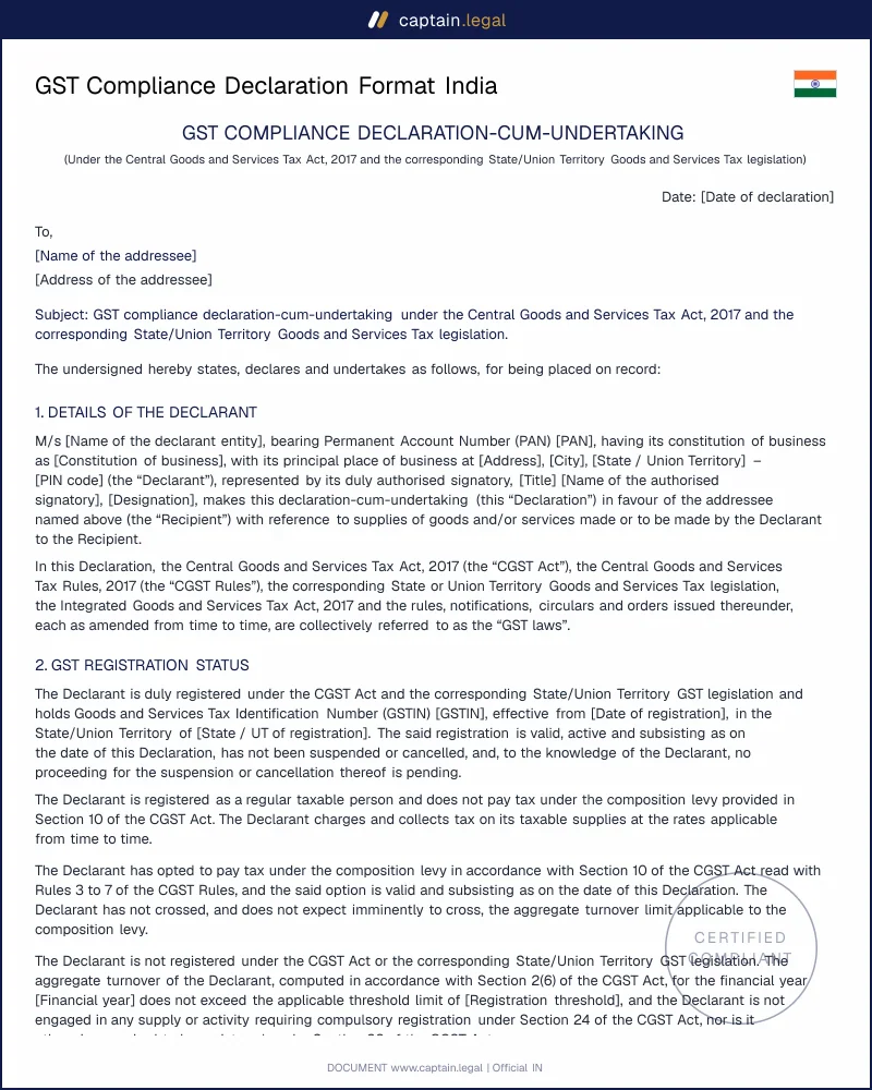 GST Compliance Declaration | CGST Act 2017 & Rule 96A