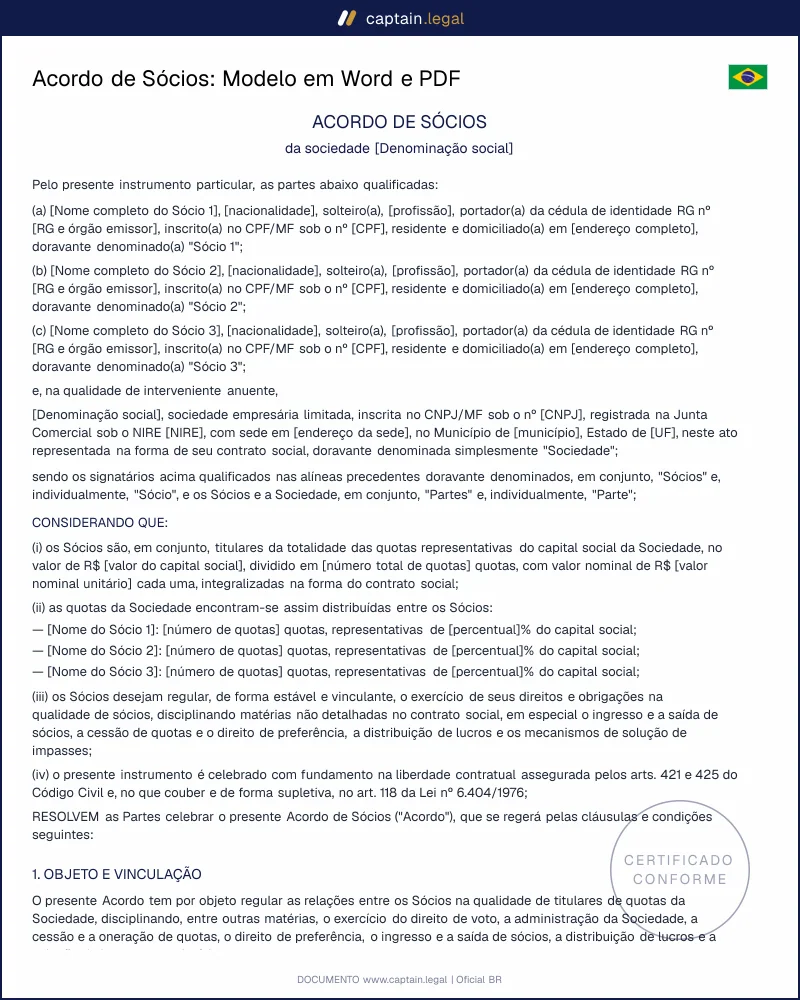 Acordo de Sócios conforme o Código Civil e Lei das S.A.