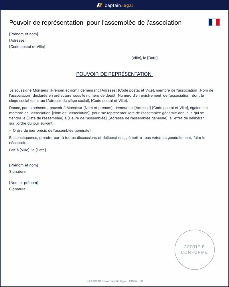 Pouvoir de représentation à un membre de l'association