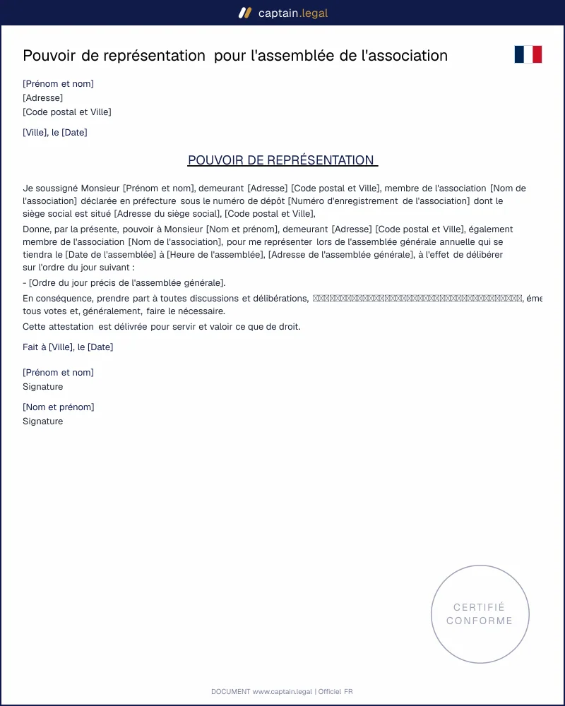 Pouvoir de représentation à un membre de l'association