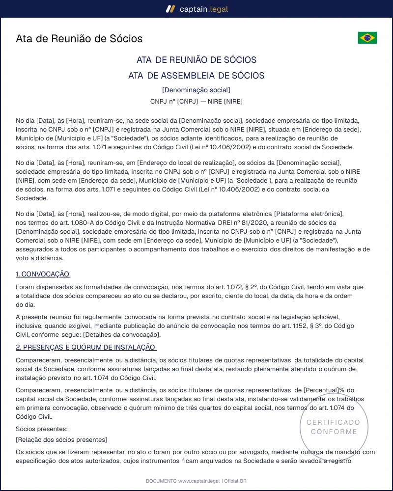 Ata de Reunião de Sócios conforme o Código Civil