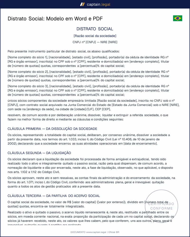 Distrato Social conforme o Código Civil (arts. 1.033-1.038)