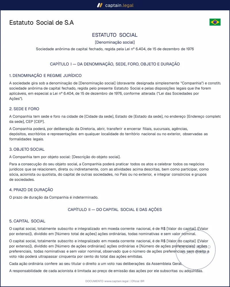 Estatuto Social de S.A. conforme a Lei 6.404/76