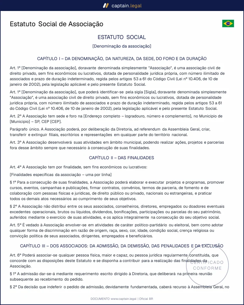 Estatuto Social de Associação conforme o Código Civil