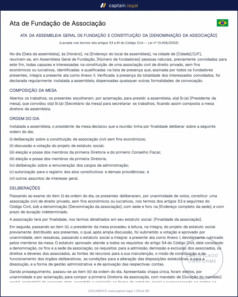 Ata de Assembleia de Fundação | Código Civil art. 54