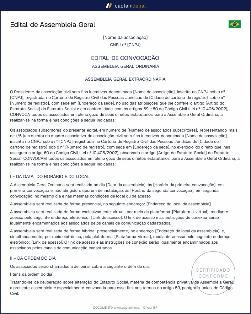 Edital de Assembleia Geral conforme o Código Civil