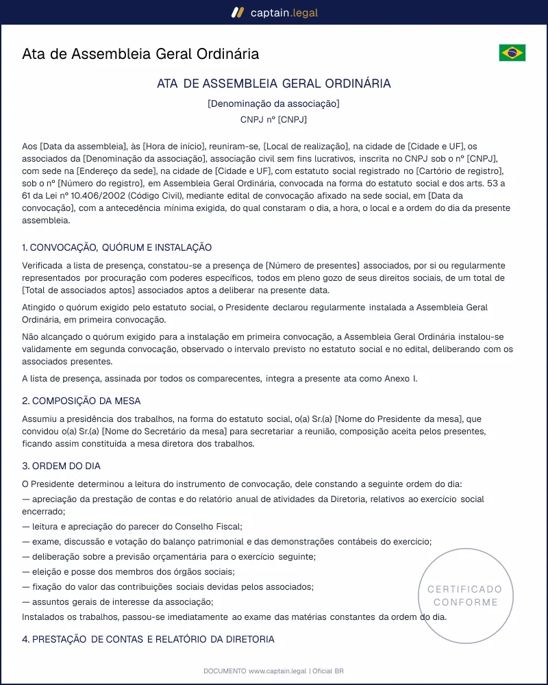 Ata de Assembleia Geral Ordinária conforme o Código Civil