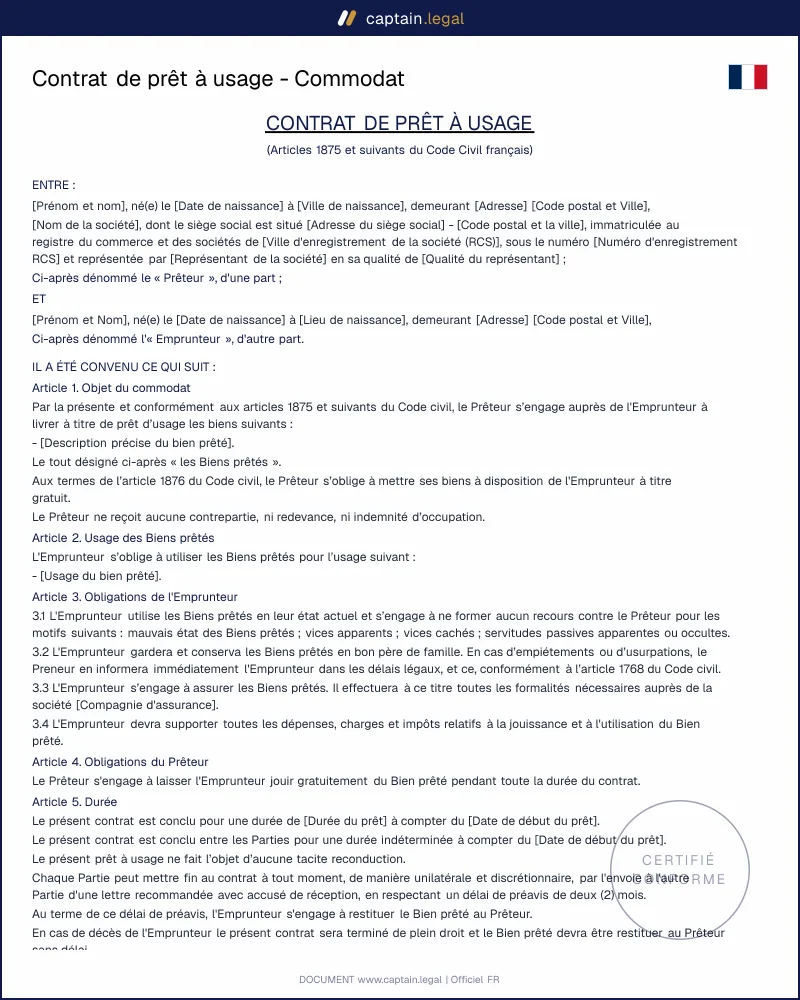 Contrat de prêt à usage - Commodat