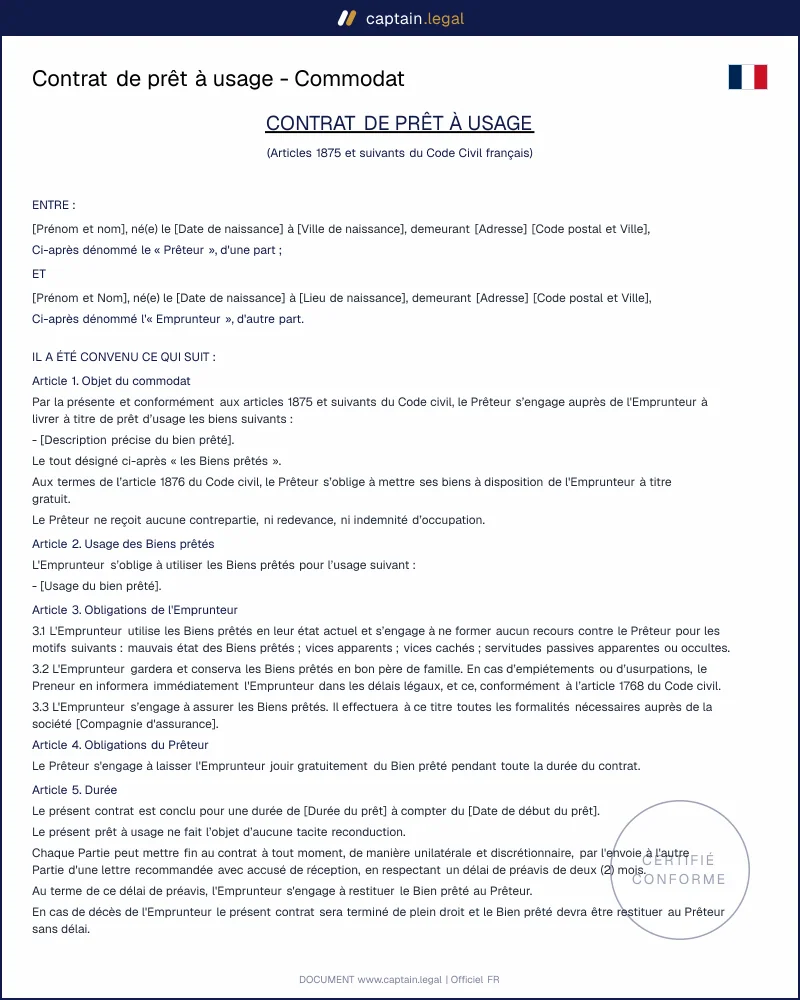 Contrat de prêt à usage - Commodat