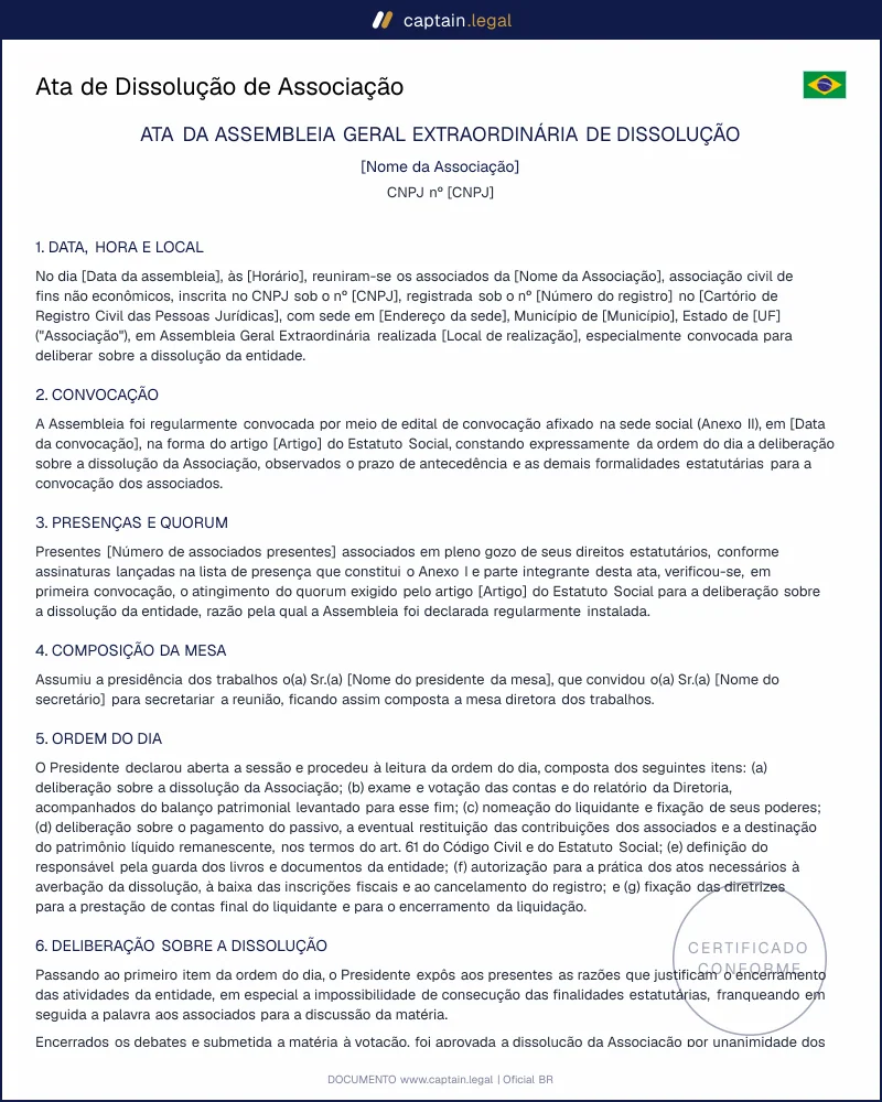 Ata de Dissolução de Associação | Código Civil Art. 61