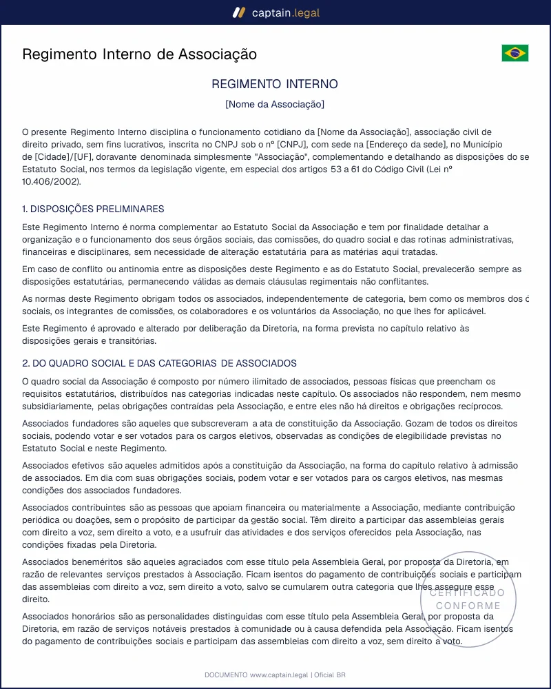 Regimento Interno de Associação conforme o Código Civil