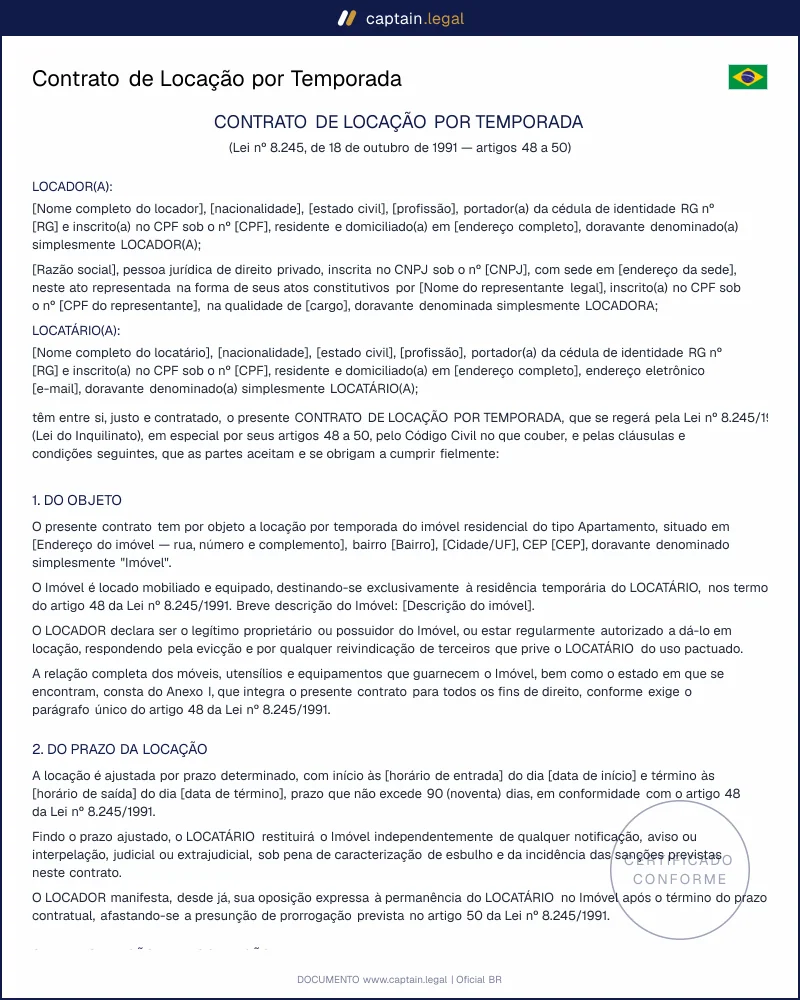 Contrato de Locação por Temporada (Lei 8.245, art. 48)