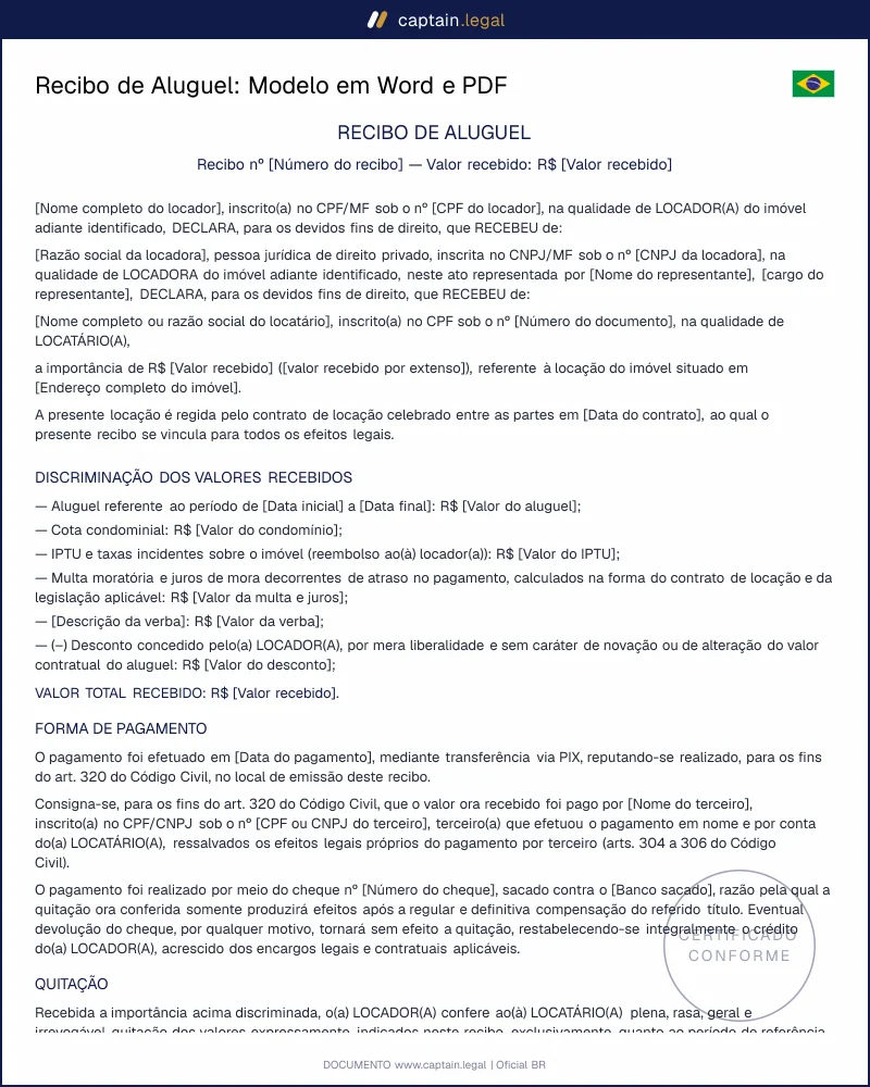 Recibo de Aluguel conforme a Lei 8.245/91 | Word e PDF