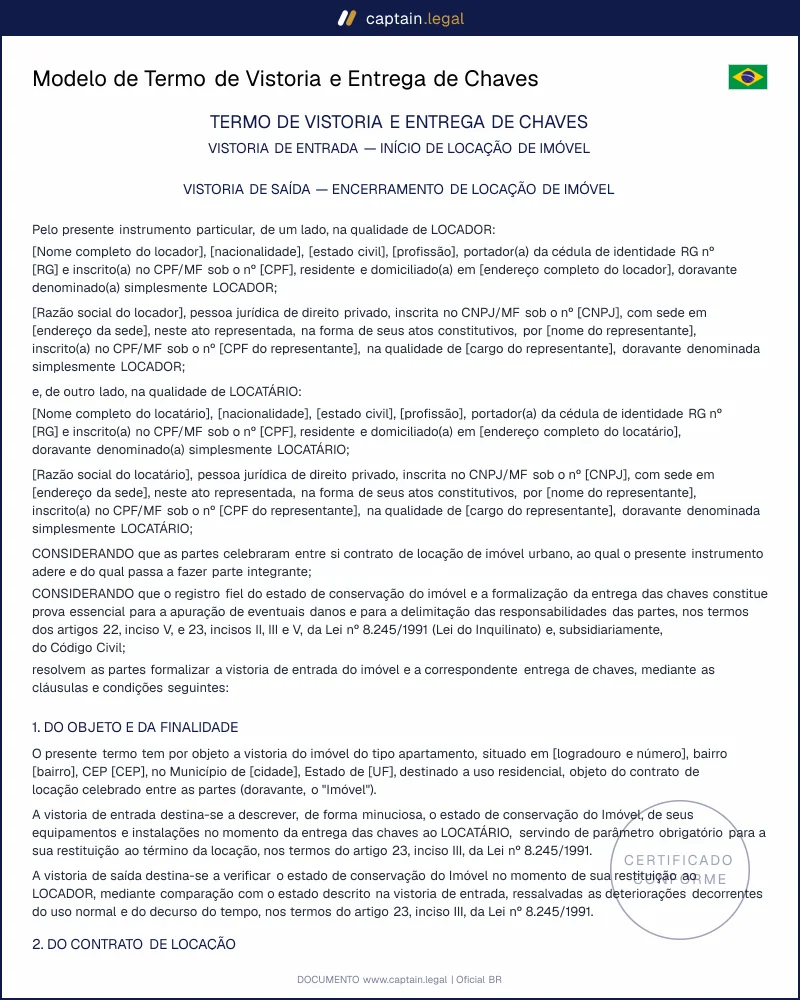 Termo de Vistoria conforme a Lei 8.245/91 | Word e PDF