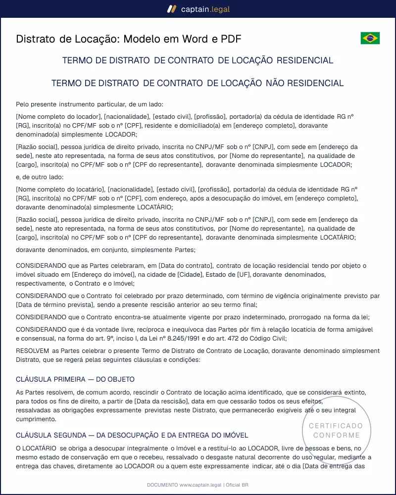 Distrato de Locação conforme a Lei 8.245/91 (Word e PDF)