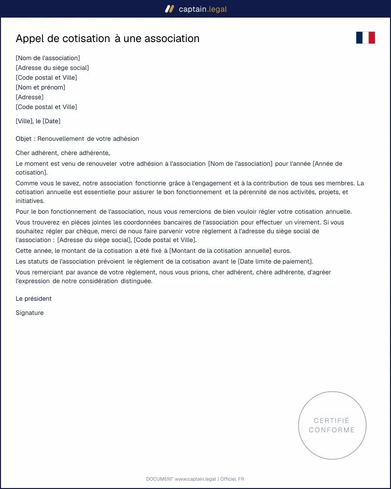Lettre d'appel de cotisation aux membres d'une association