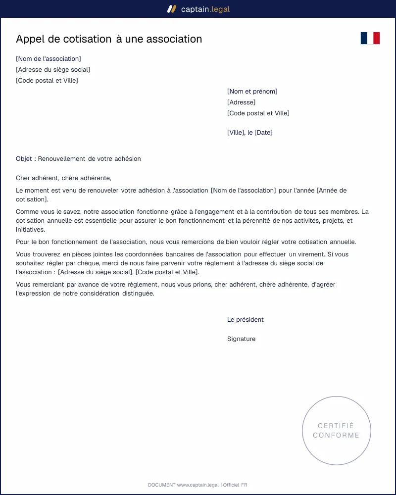 Lettre d'appel de cotisation aux membres d'une association