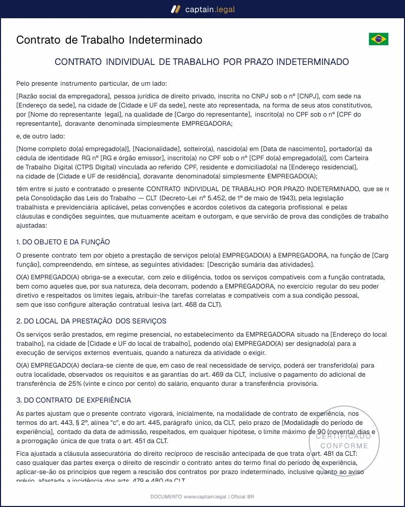 Contrato de Trabalho Indeterminado conforme a CLT (art. 443)