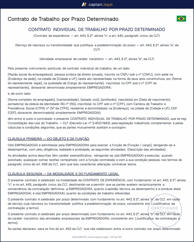 Contrato por Prazo Determinado conforme a CLT (art. 443)