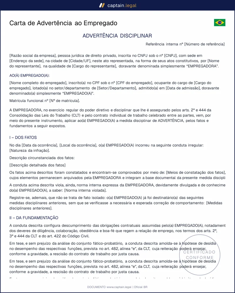 Modelo de Advertência ao Empregado conforme a CLT