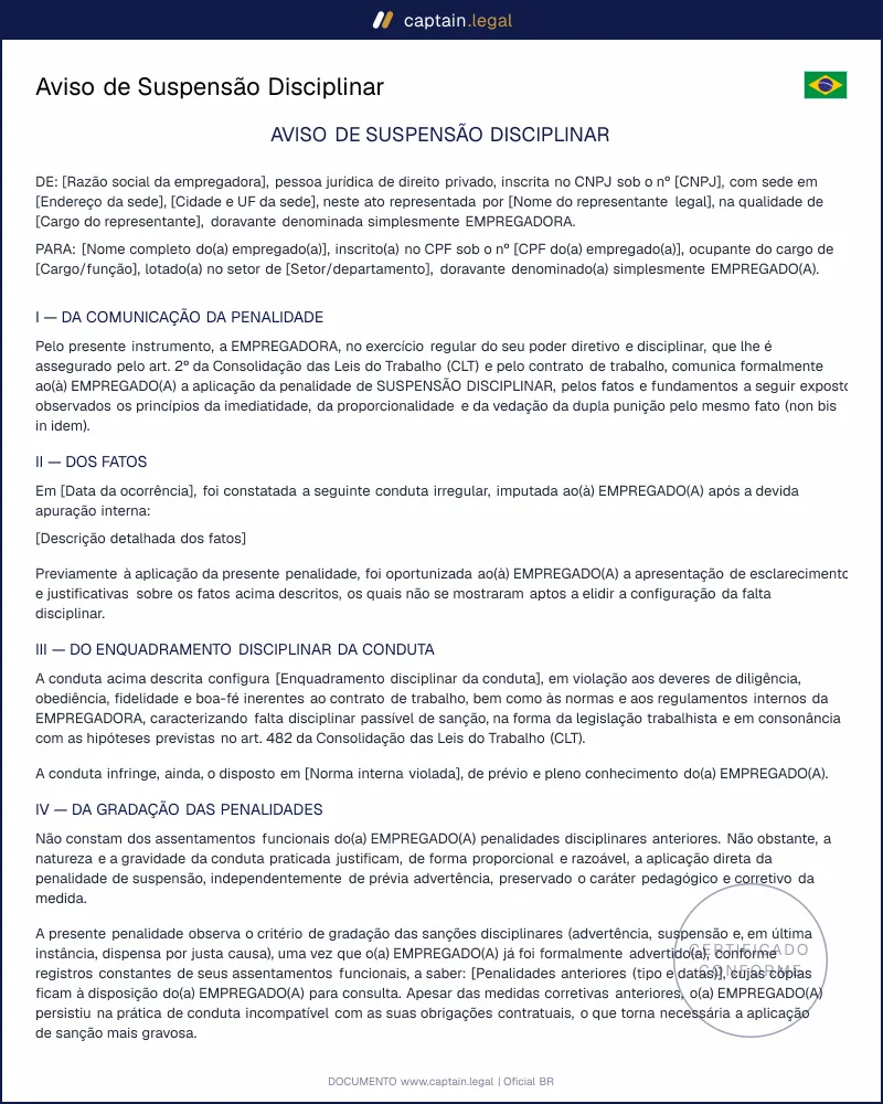 Aviso de Suspensão Disciplinar conforme o Art. 474 da CLT