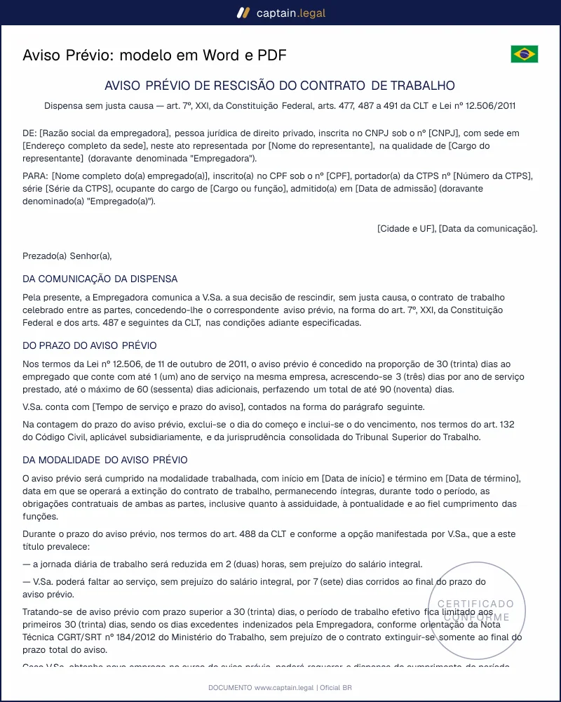 Aviso prévio conforme a Lei 12.506/2011 | Word e PDF