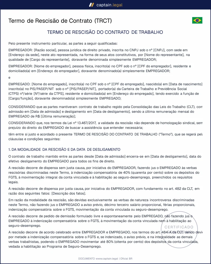 Termo de Rescisão conforme o art. 477 da CLT | Word e PDF
