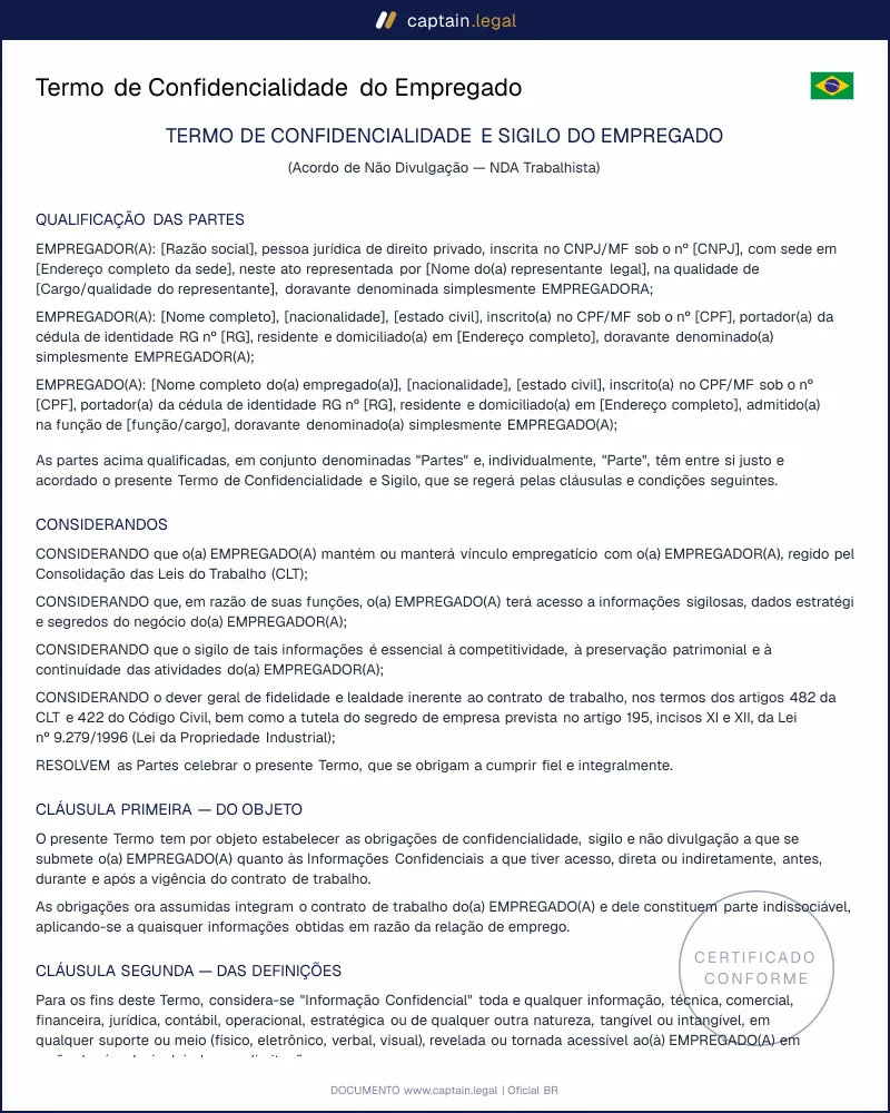 Termo de Confidencialidade do Empregado (Art. 482 CLT)