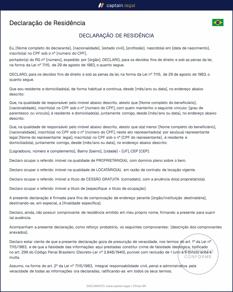 Declaração de Residência Conforme a Lei 7.115/1983
