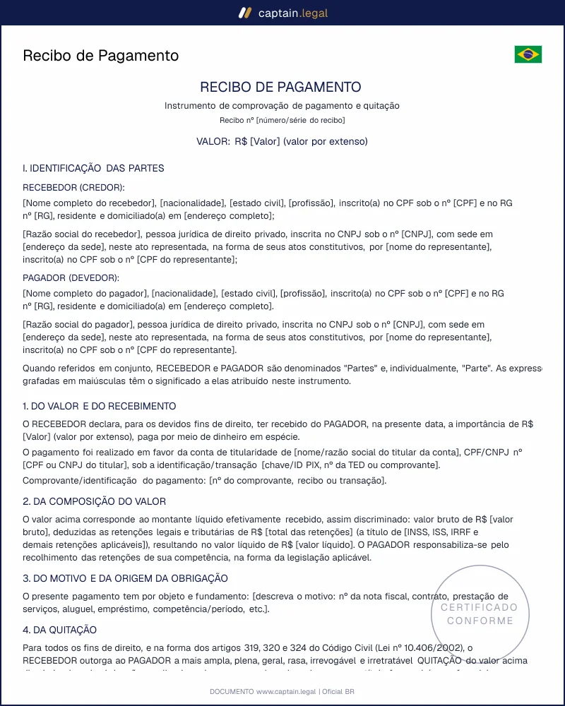 Recibo de Pagamento conforme o Código Civil