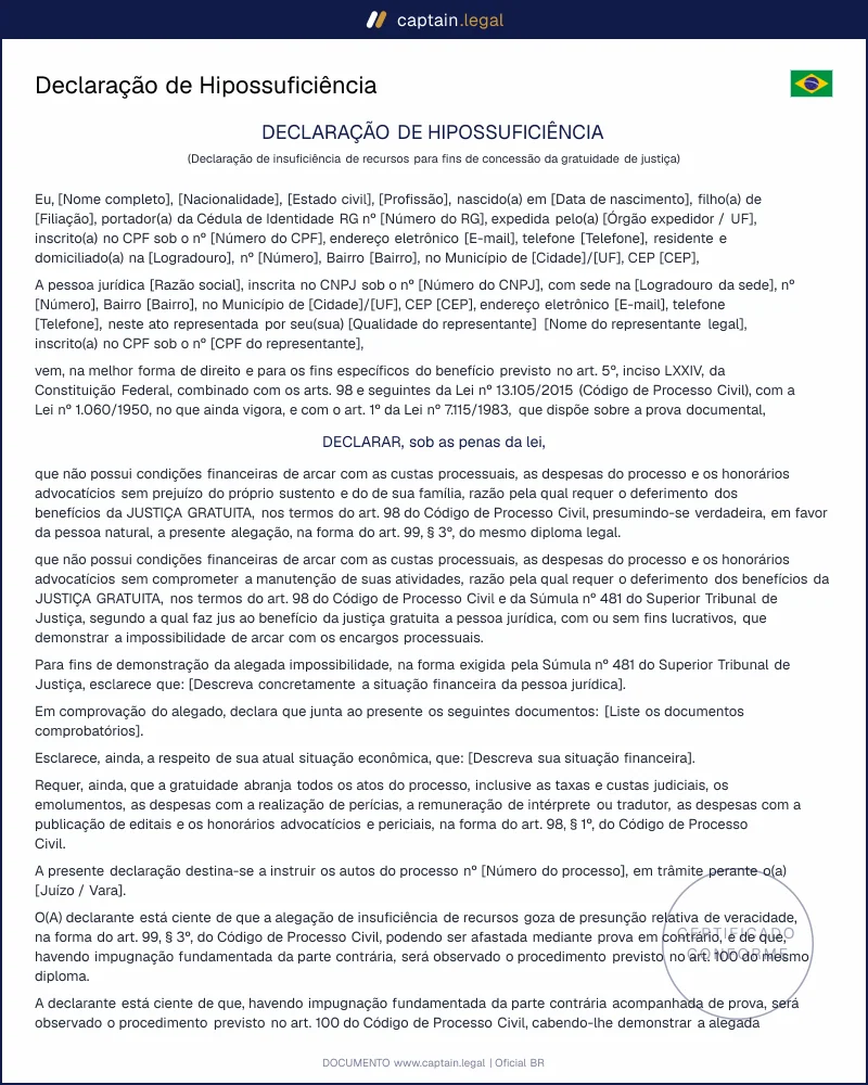 Declaração de Hipossuficiência conforme o art. 99 CPC