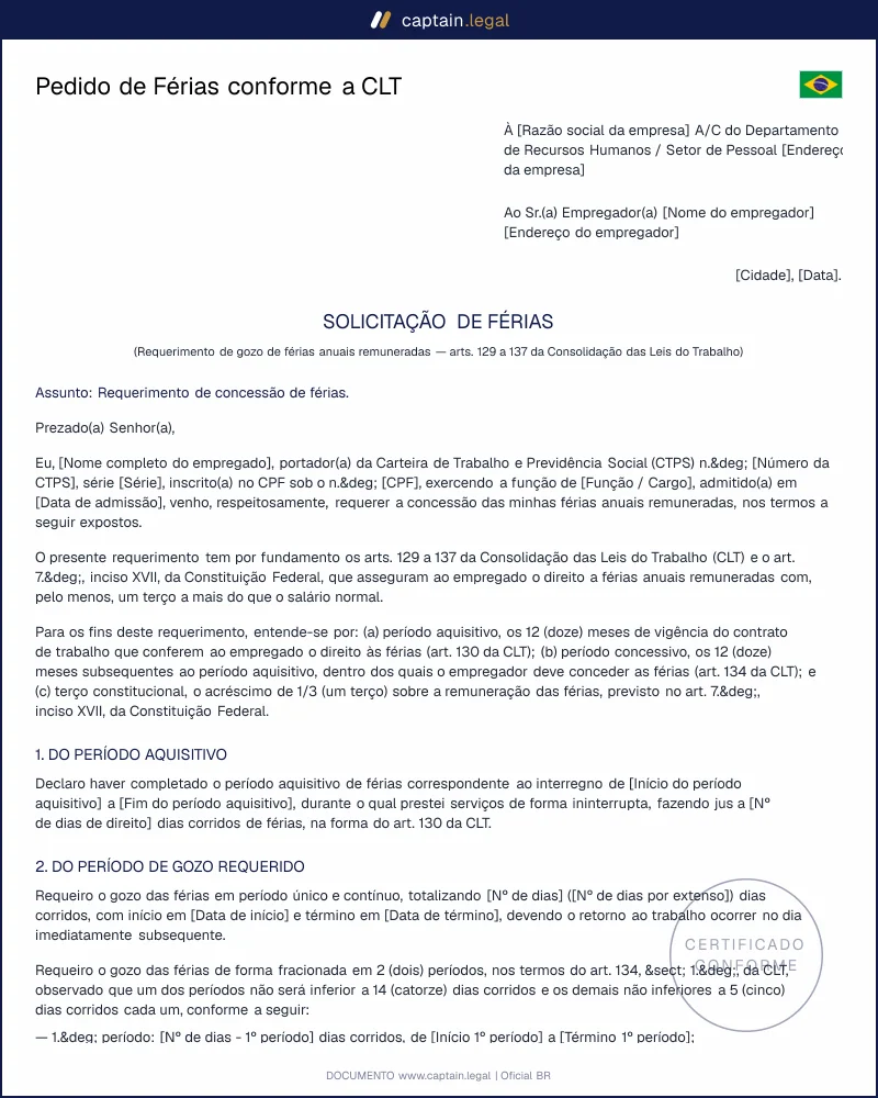 Pedido de Férias CLT: arts. 129 a 143 em Word
