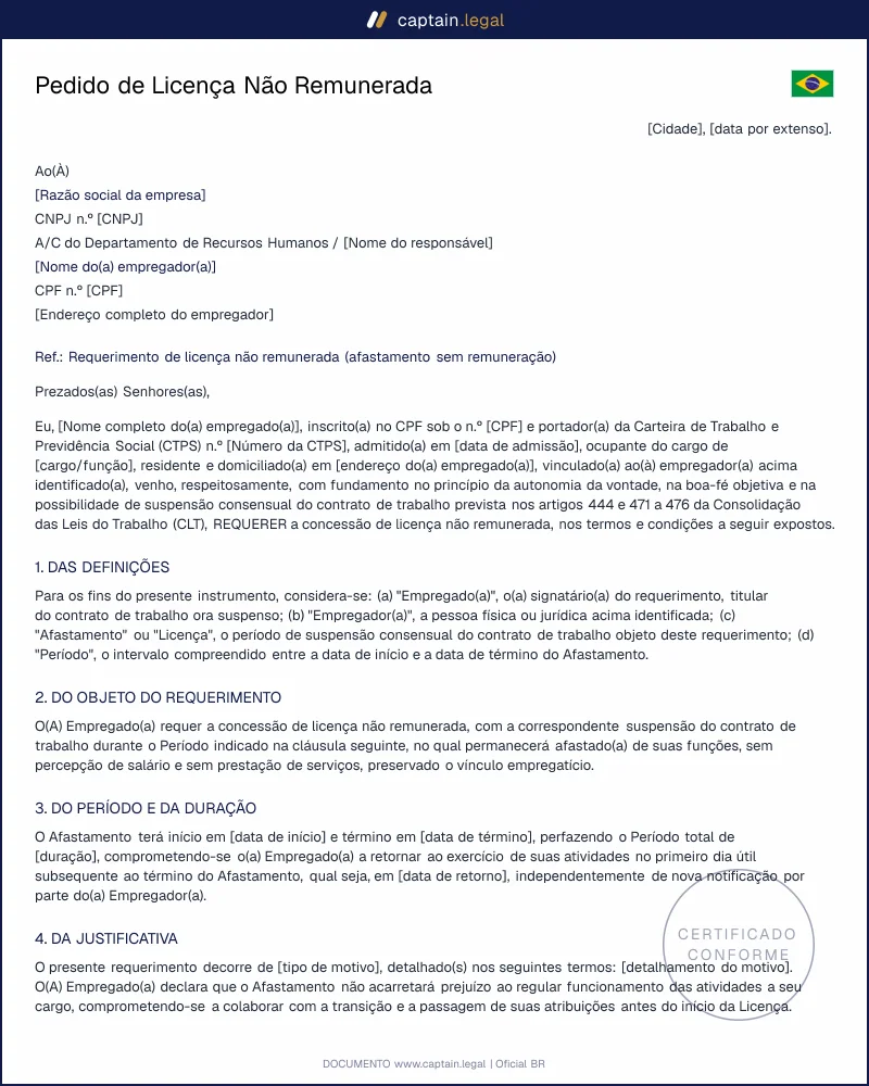 Pedido de Licença Não Remunerada conforme a CLT