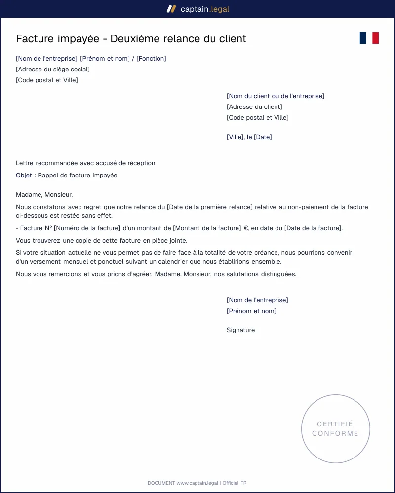 Facture impayée : deuxième relance du client
