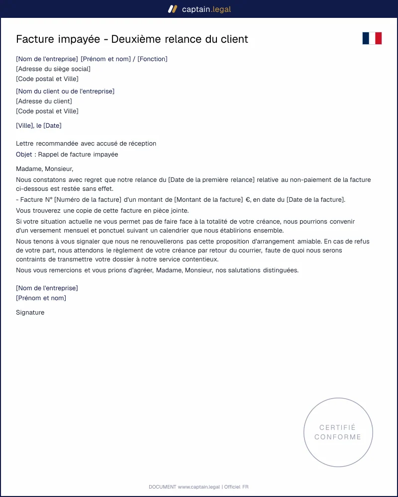 Facture impayée : deuxième relance du client