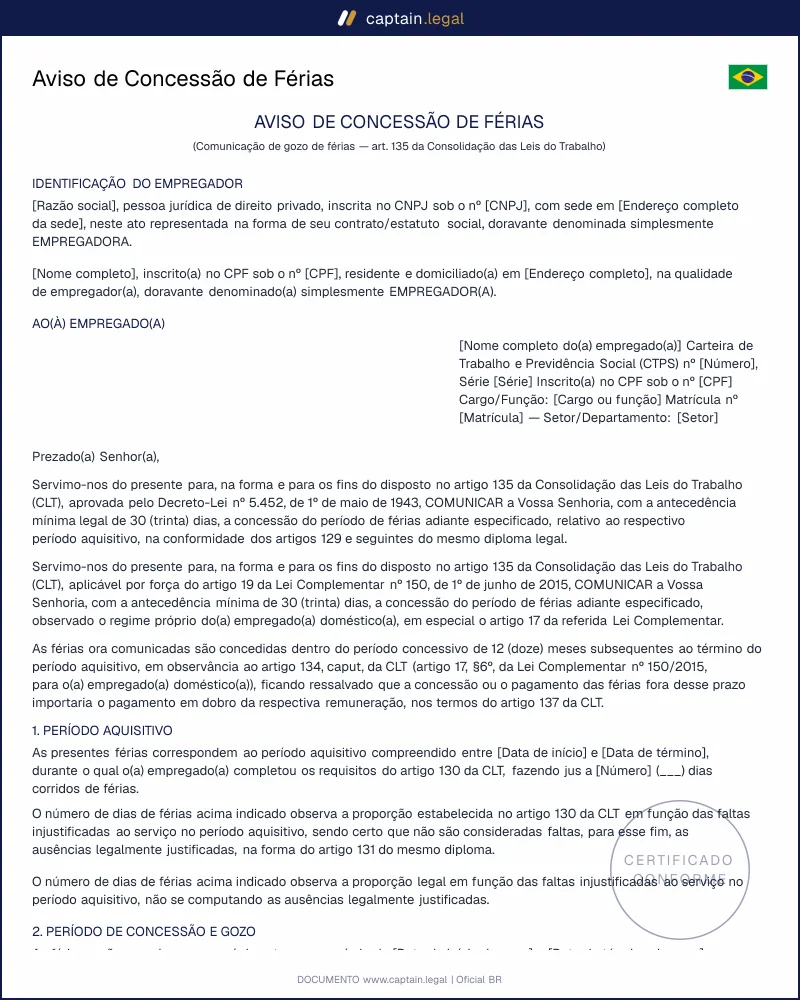 Aviso de Concessão de Férias conforme art. 135 da CLT